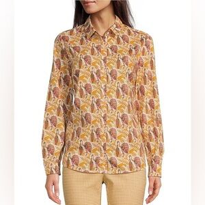 J.McLaughlin Lois Cotton Poplin Flamingo Print Point Collar Long Sleeve Button